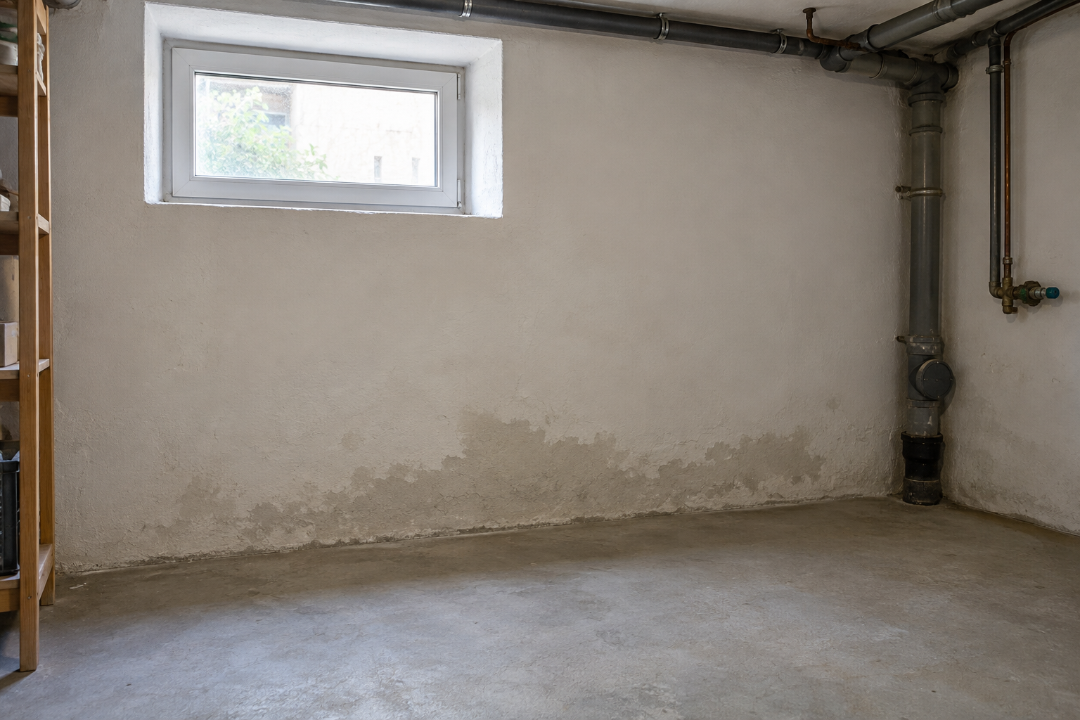 Kellerraum mit dunkler Feuchtigkeitsstelle am unteren Bereich einer verputzten Wand