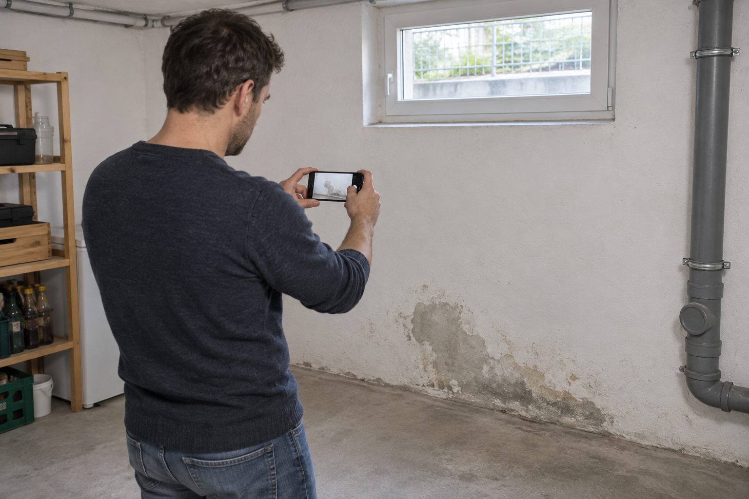Person fotografiert eine auffällige Stelle an der Kellerwand zur Dokumentation
