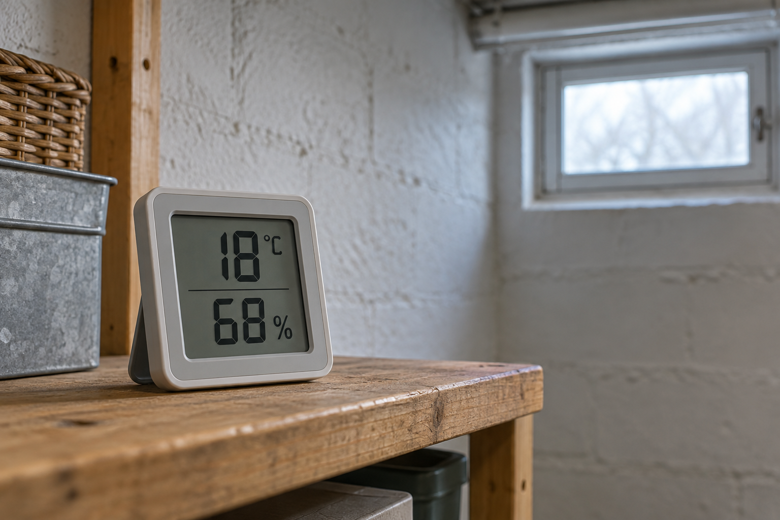 Thermo-Hygrometer zur Beobachtung von Temperatur und Luftfeuchtigkeit im Keller.