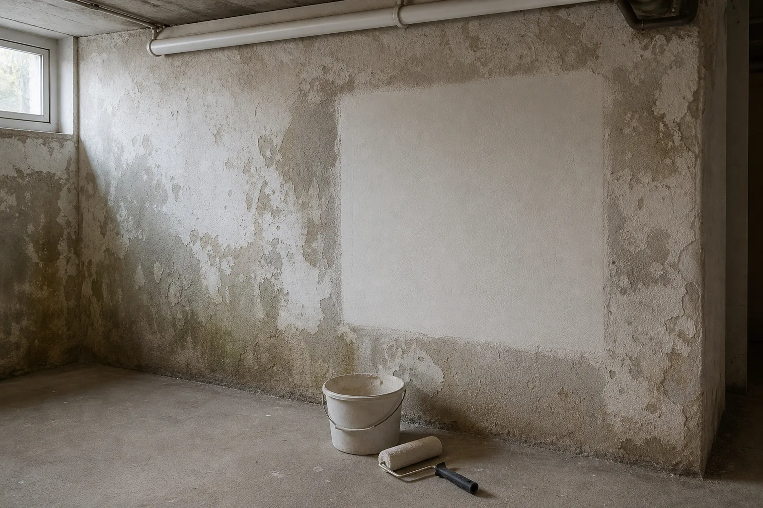 Feuchte Kellerwand mit abblätternder Farbe und abgegrenzter Testfläche für eine Abdichtung