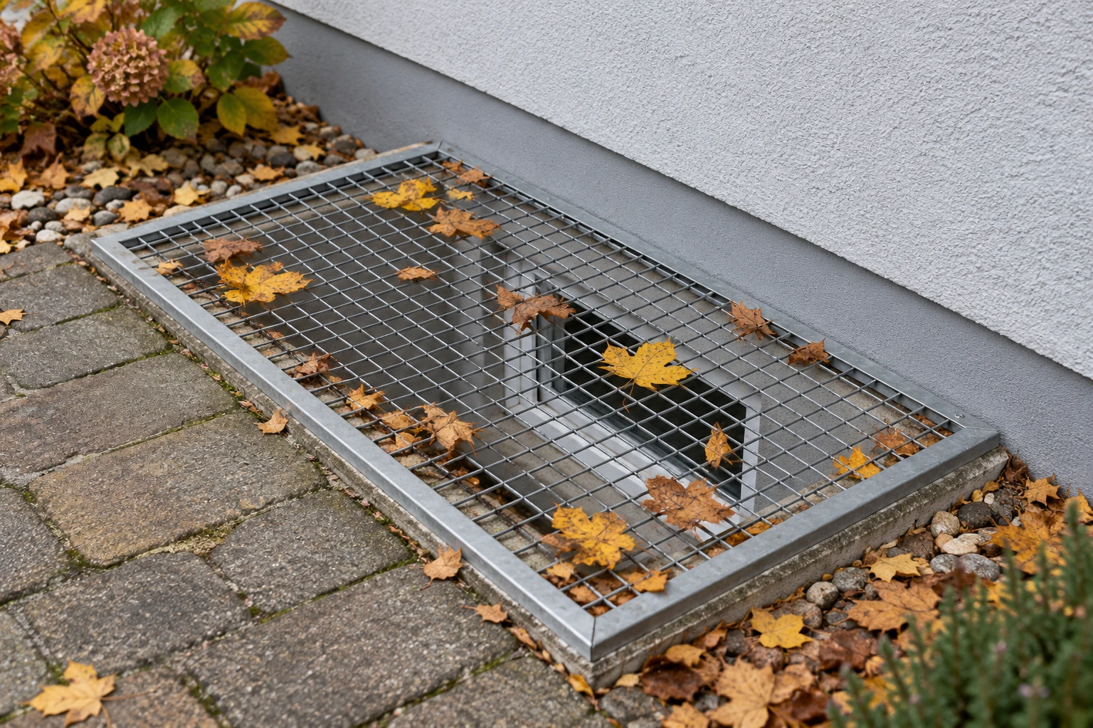 Lichtschacht reinigen: Herbstlaub auf einem Kellerlichtschacht neben der Hauswand