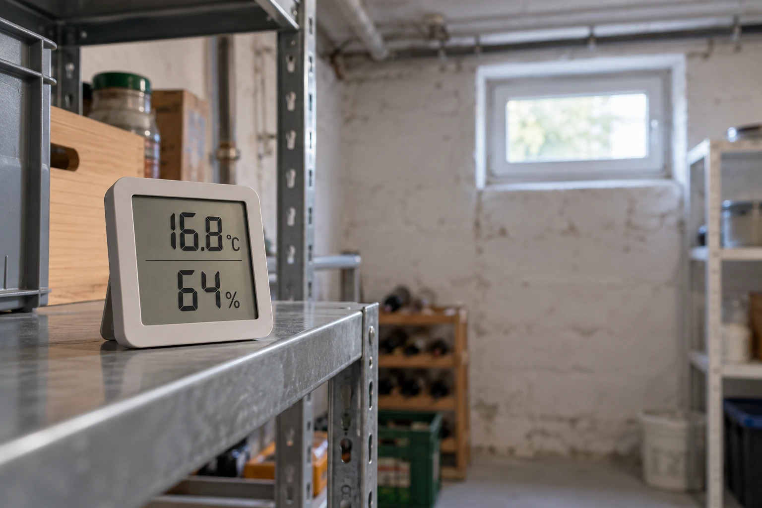 Feuchtigkeit im Keller messen: Thermo-Hygrometer in einem Kellerraum