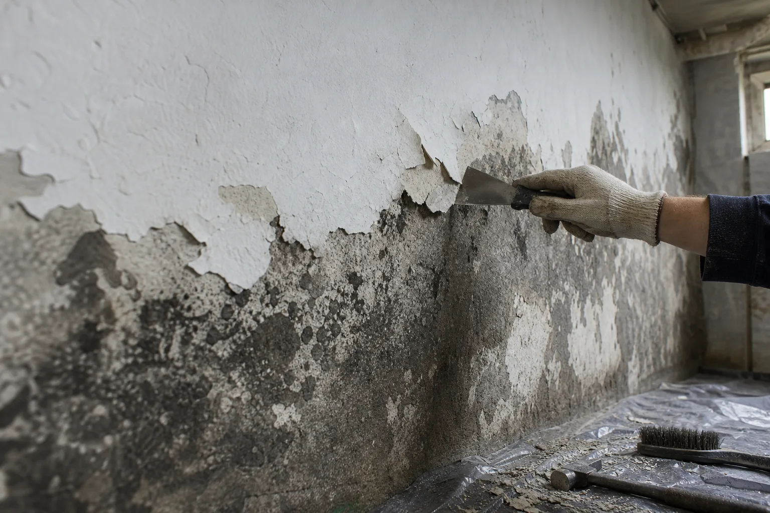 Feuchtigkeit hinter der Farbschicht Lose Farbschichten und dunkle Feuchtestellen an einer Kellerwand bei der Ursachenprüfung