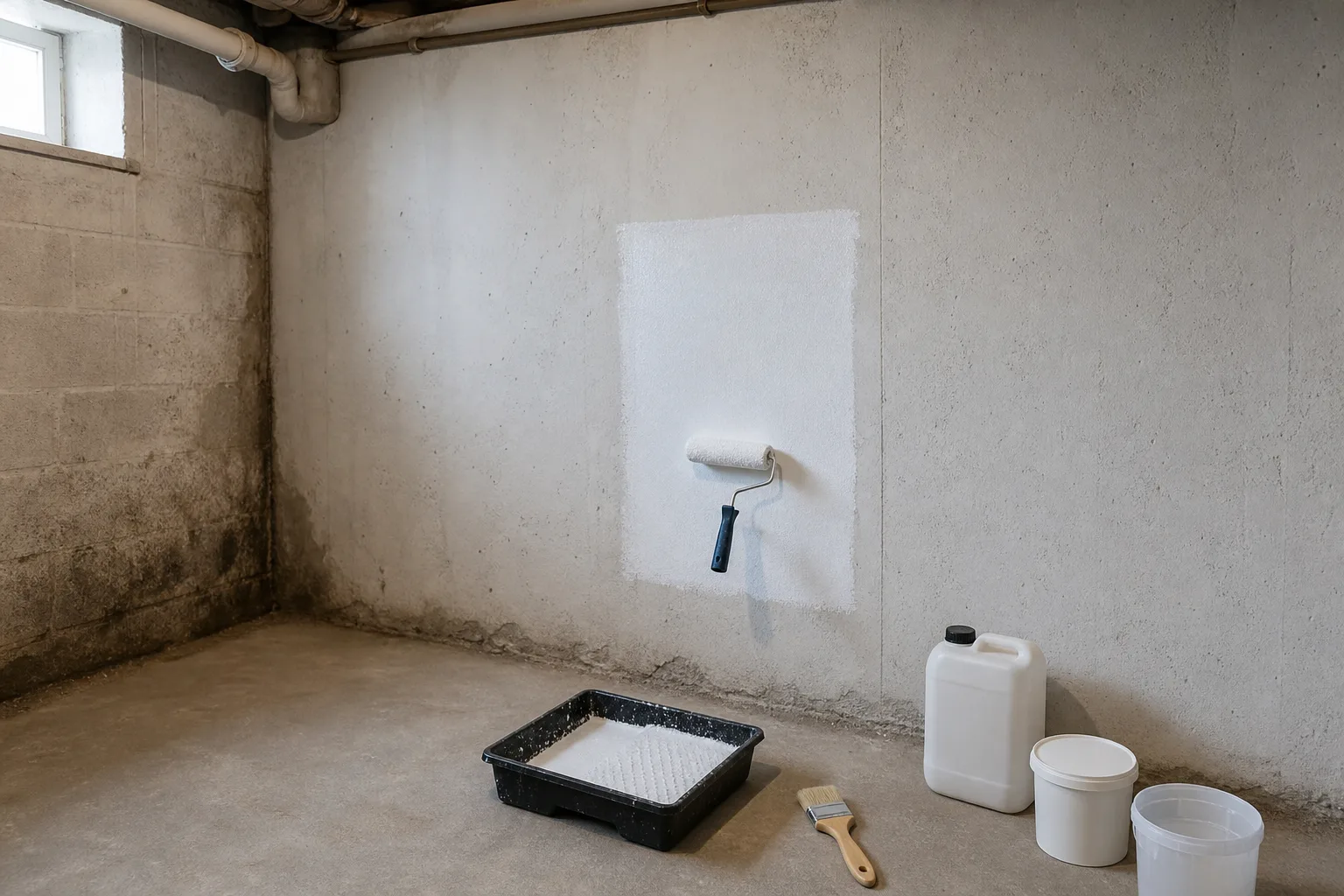 Testfläche im Keller bearbeiten Kleine Kellerwandfläche wird mit Rolle und Grundierung für den Abdichtungstest behandelt